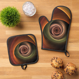 3D Spirale Abstrakt Warme Farben Modernes Fraktal Ofenhandschuh & Topflappen-Set