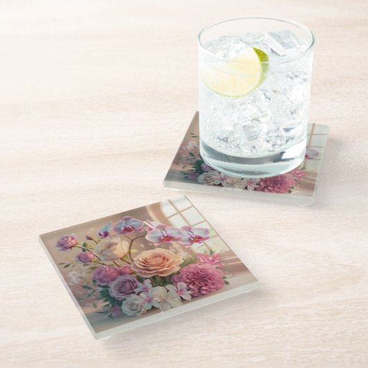 3D Spring Flowers Grußkarte mit Rose Glasuntersetzer (Schrägansicht)