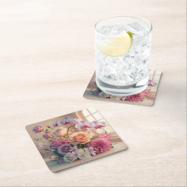 3D Spring Flowers Grußkarte mit Rose Rechteckiger Pappuntersetzer