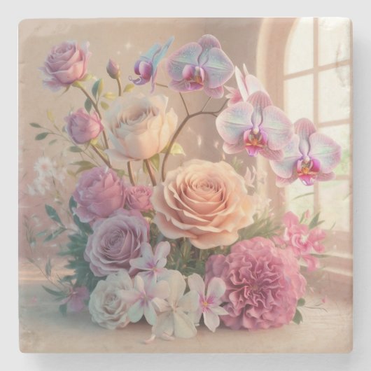 3D Spring Flowers Grußkarte mit Rose Steinuntersetzer (Vorderseite)