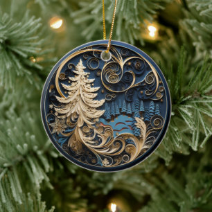 3D Style Winter Gold Forest Tree Weihnachtsfeierta Keramik Ornament