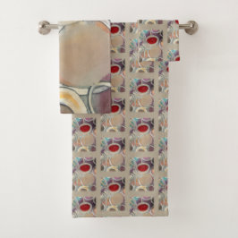 3D Tan and Burgundy Modern Pattern Badhandtuch Set