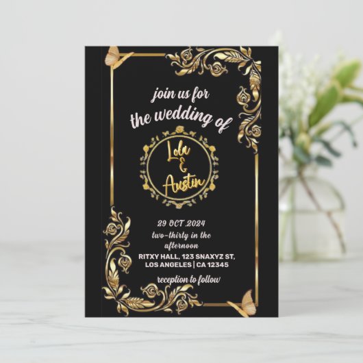 3D-Texteffekt in Schwarz und Golden, Save the Date Einladung (Stehend Vorderseite)