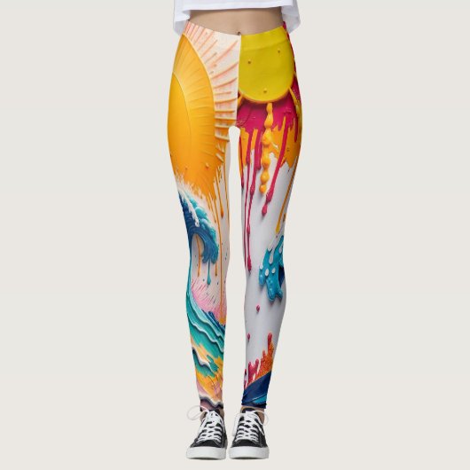 3D Textured Tropical Wave & Sun Abstract Impasto Leggings (Vorderseite)