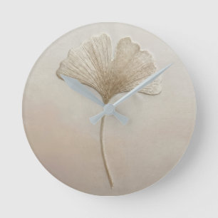 ⁠ ⁠3D Texturierte Stickerei Ginkgoblatt Beige Crem Runde Wanduhr