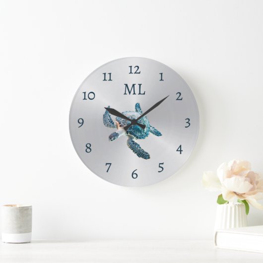 3D Turtle Silver Monogram Große Wanduhr (Zuhause)