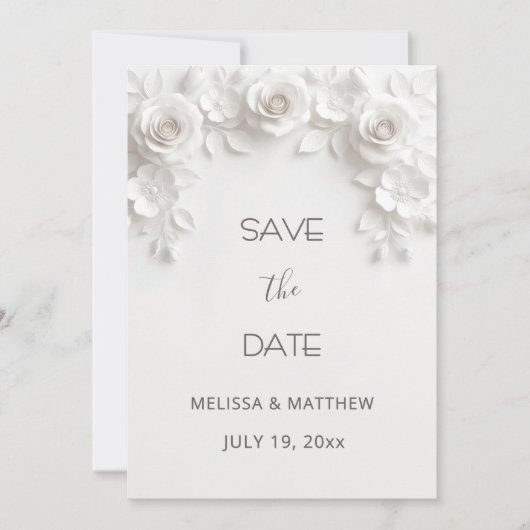 3D Weiße Rosen Save The Date Karte (Vorderseite)