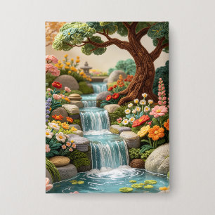 3D Whimsical Forest Wasserfall-Kunstkarte – Bunt Button