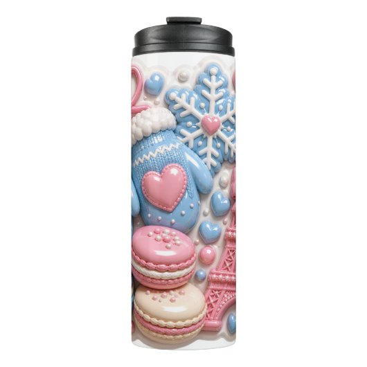 3D Winter Frankreich Eiffelturm Macarons Puffy Thermosbecher (Vorderseite)