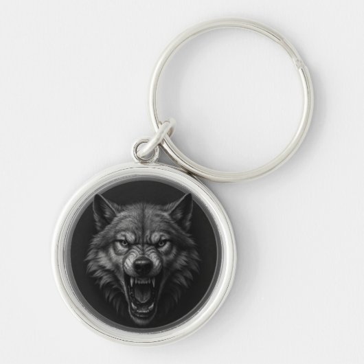 3D Wolf Head Silver Medallion Style Keychain  Schlüsselanhänger (Vorne)