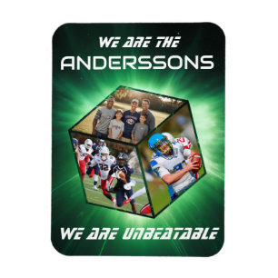 3D-Würfel-Fotokollage vor strahlendem Licht Magnet