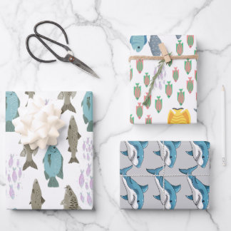 3er-Pack Cartoon-Riff-Fische und Hai-Geschenkpapie Geschenkpapier Set