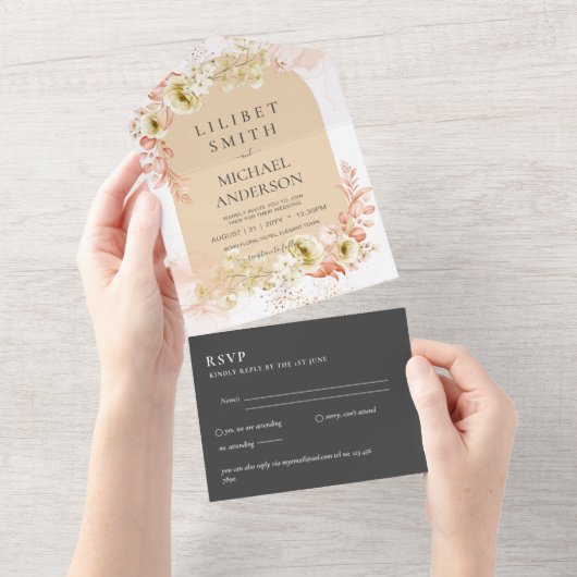 3in1 Boho Pampas Grass Wedding RSVP All In One Einladung (Abreißen)
