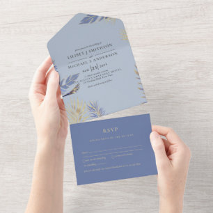 3in1 Dusty Blue Gold Boho Federn Hochzeit RSVP All In One Einladung