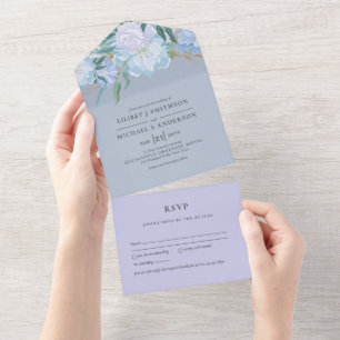 3in1 Dusty Blue Lavender Floral Wedding RSVP All In One Einladung