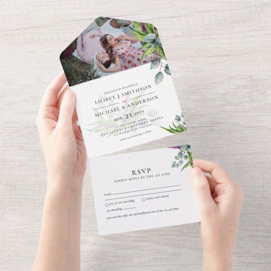 3in1 Eukalyptus Greenery FOTO Hochzeitsbudget UAWG All In One Einladung (Abreißen)