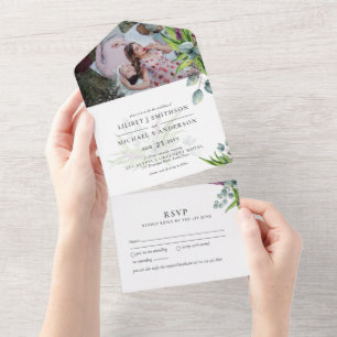 3in1 Eukalyptus Grün PHOTO Hochzeit Budget RSVP All In One Einladung