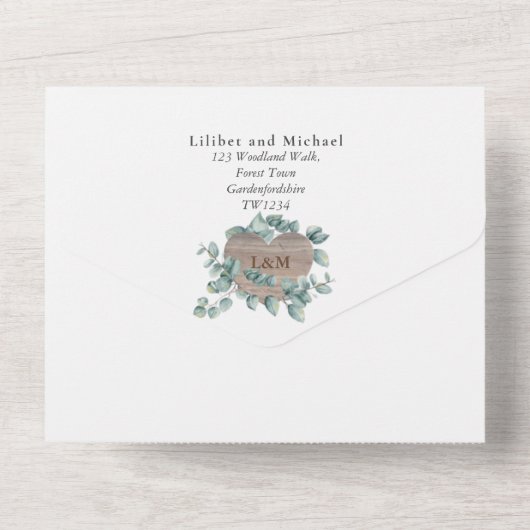 3in1 Gravur Waldland Herz Rustikale Hochzeit RSVP All In One Einladung (Rückseite)