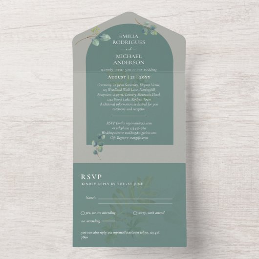 3in1 Greenery Eukalyptus Arch Wedding RSVP All In One Einladung (Innen Boden)