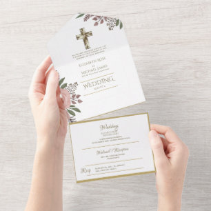 3in1 Katholische Hochzeitskarten Floral Gold RSVP All In One Einladung