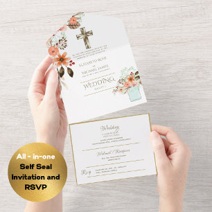 3in1 Katholische Hochzeitskarten Floral Gold RSVP All In One Einladung