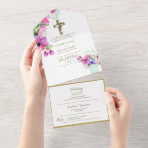 3in1 Katholische Hochzeitskarten Floral Gold RSVP All In One Einladung