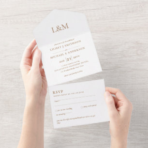 3in1 Klassische Weiße Goldene Text Hochzeitseinlad All In One Einladung