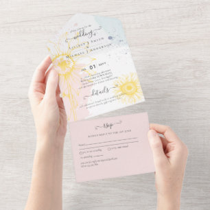 3in1 Modern Sunflower Dusty Pink Blue Wedding RSVP All In One Einladung
