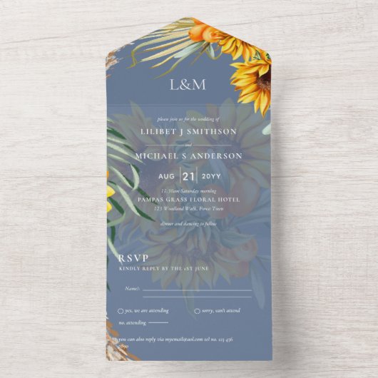 3in1 Monogram Sonnenblumen Pampas Grass Wedding RS All In One Einladung (Innen Boden)