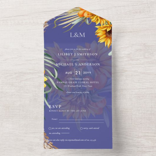 3in1 Monogram Sonnenblumen Pampas Grass Wedding RS All In One Einladung (Innen Boden)