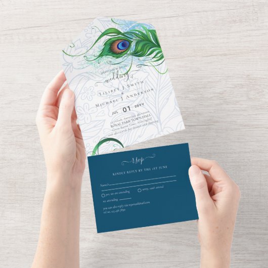 3in1 Peacock Feather Blue Green Wedding RSVP All In One Einladung (Abreißen)