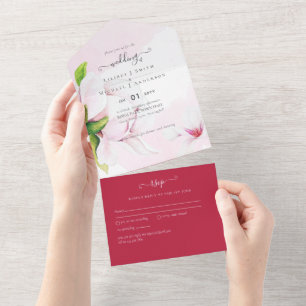 3in1 Rosa Magnolie Rose Hochzeit RSVP All In One I Einladung
