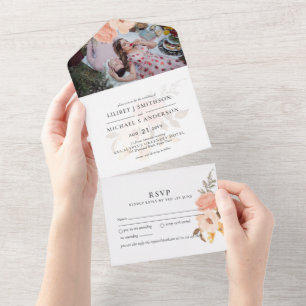 3in1 Rustikal Pfirsich Bronze FOTO Hochzeit EINLAD All In One Einladung
