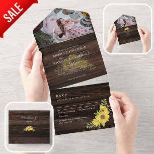 3in1 Rustikale Sonnenblumen Woodland Wedding RSVP All In One Einladung