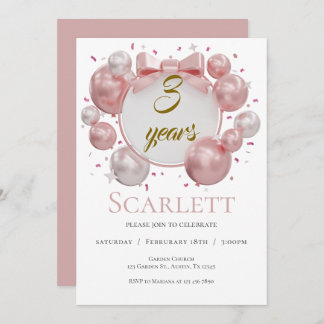 3rd birthday balloons and pink bows invitation einladung