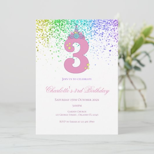 3rd birthday in pink and lilac birthday party einladung (Stehend Vorderseite)