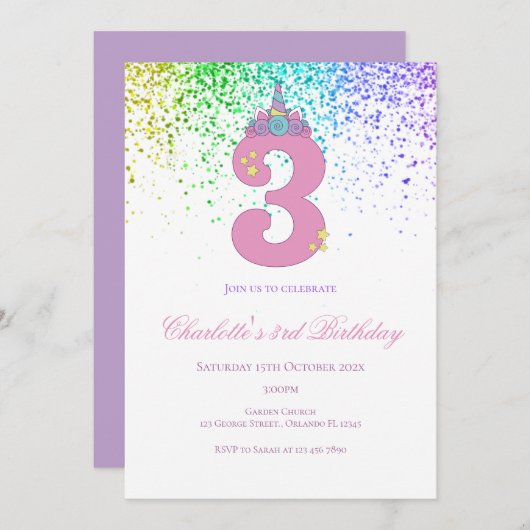 3rd birthday in pink and lilac birthday party einladung (Vorne/Hinten)