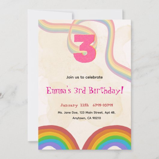 3rd Birthday Invitation Girl Editable Rainbow Einladung (Vorderseite)