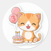 3rd Birthday, Kitten w Balloons & Cake,   Runder Aufkleber (Vorderseite)