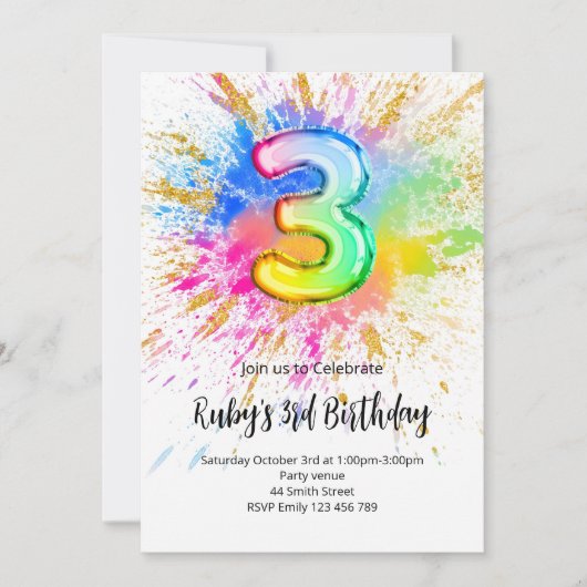 3rd Birthday Rainbow Paint Splash Invitation Einladung (Vorderseite)