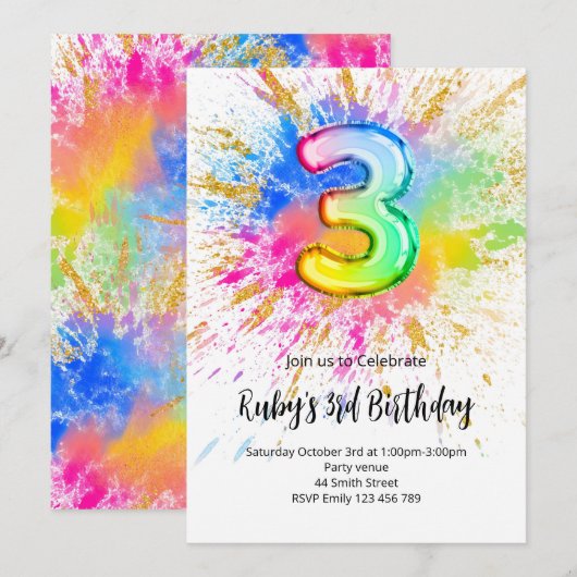 3rd Birthday Rainbow Paint Splash Invitation Einladung (Vorne/Hinten)