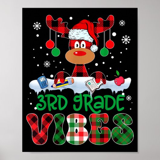 3rd Grade Vibes Teacher Buffalo Red Plaid Reindeer Poster (Vorne)