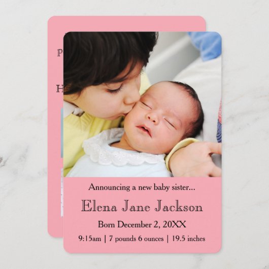 3x5 Bruder verkündet die Geburt der Schwester Rosa Ankündigung (Vorne/Hinten)