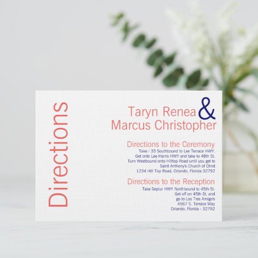 3x5 Directions Card Coral Navy Blue Name Zickzack Begleitkarte (Stehend Vorderseite)