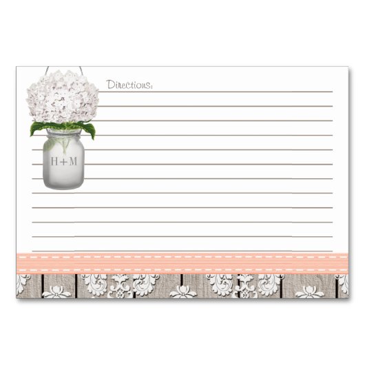 3x5 Peach Hydrangea Mason Jar Rezeptkarten Tischnummer (Rückseite)
