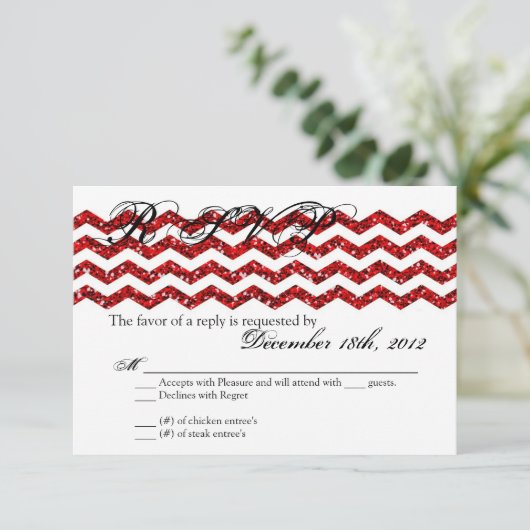 3x5 R.S.V.P. Antwort Karte Roter Glitzer Zickzack (Stehend Vorderseite)