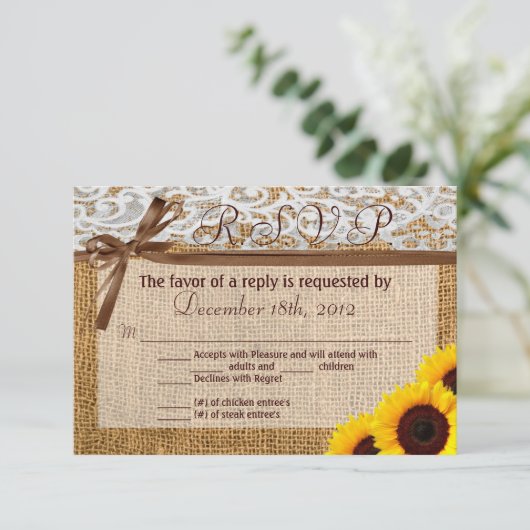 3x5 R.S.V.P. Antwortkarte Sonnenblumenlace Burlap RSVP Karte (Stehend Vorderseite)