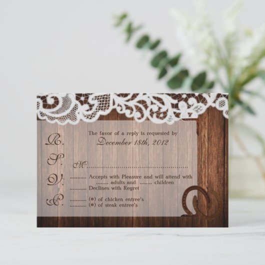 3x5 R.S.V.P. Reply Card Pferdeschuhe auf Stallholz RSVP Karte (Stehend Vorderseite)
