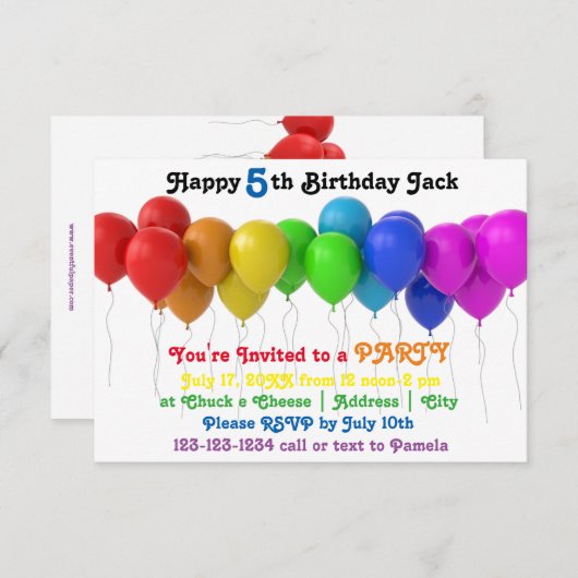 3x5 Regenbogenballons Einladung zum Geburtstag (Vorne/Hinten)