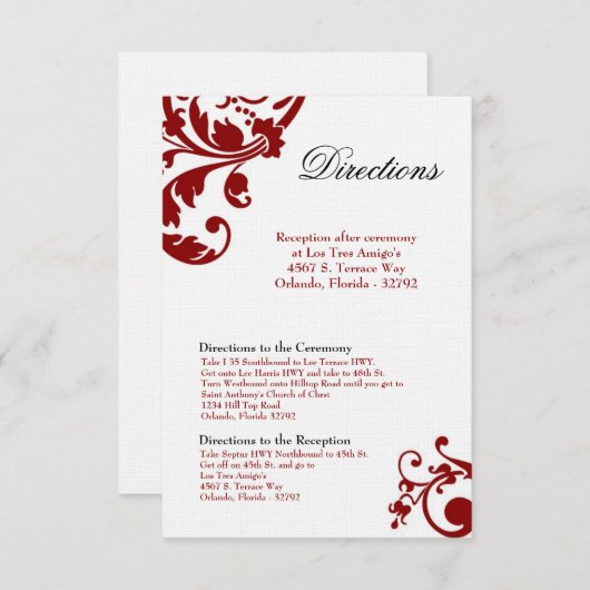 3x5 Richtungen Karte Crimson Red Floral Filigree (Vorne/Hinten)